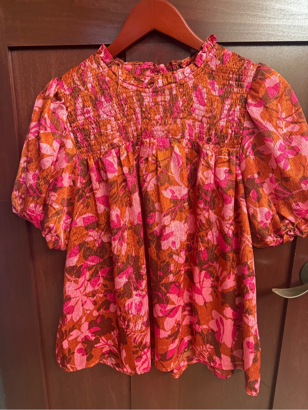TCEC Pink and Orange Floral Smocked Puff Sleeve Blouse